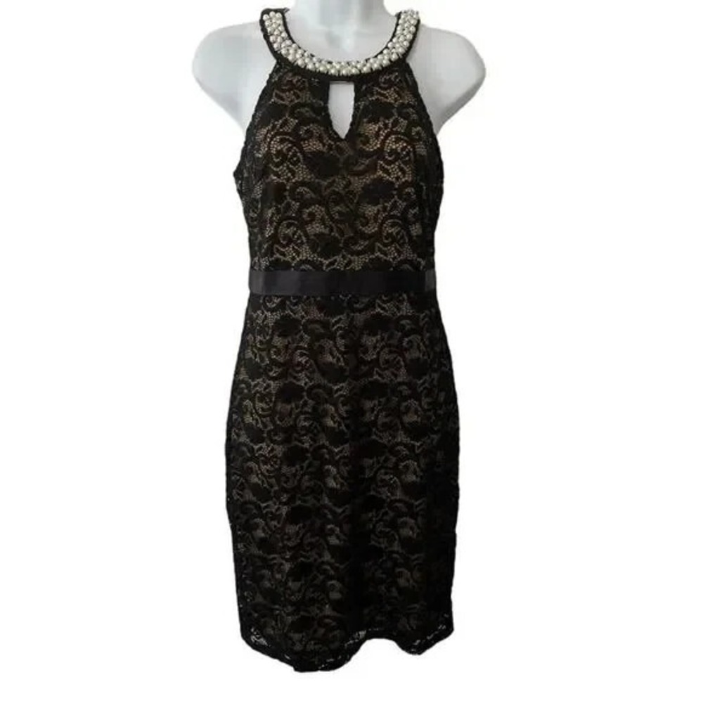 065)Available by Angela Fashions Dress Black M Lace Overlay Cocktail‎
